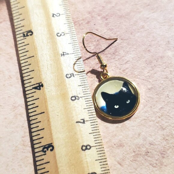 Black Cat Head Yellow Eyes Moon Gold Plated Glass Cabochon Kitty Kitten Earrings - Picture 5 of 5